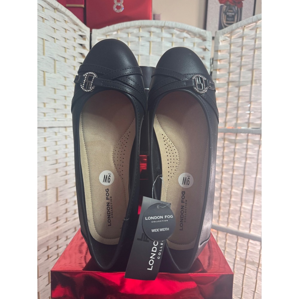 London Fog Wide Width Black Comfort Flats Rhinestone Accent Size 9W - Picture 6 of 9